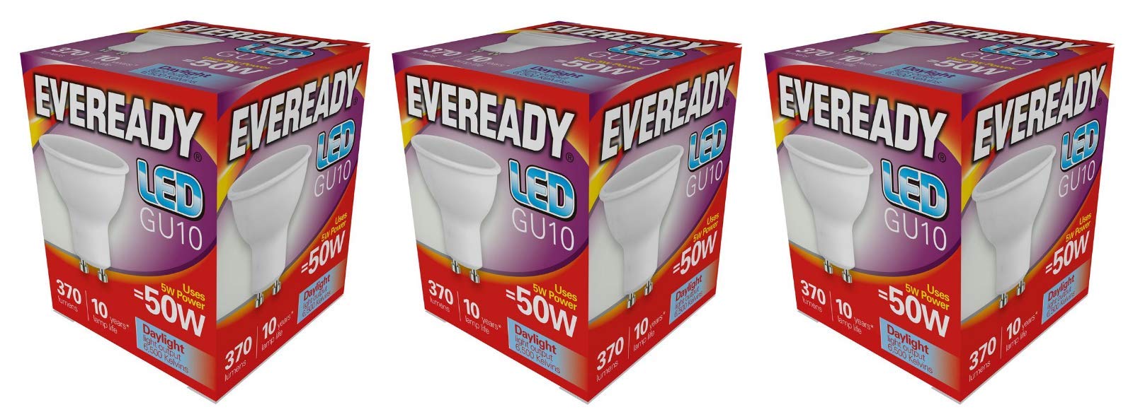 3X Eveready 5w (=50w) LED GU10 Spotlight Reflector Lamp - Daylight White - 6500k (370 Lumens)