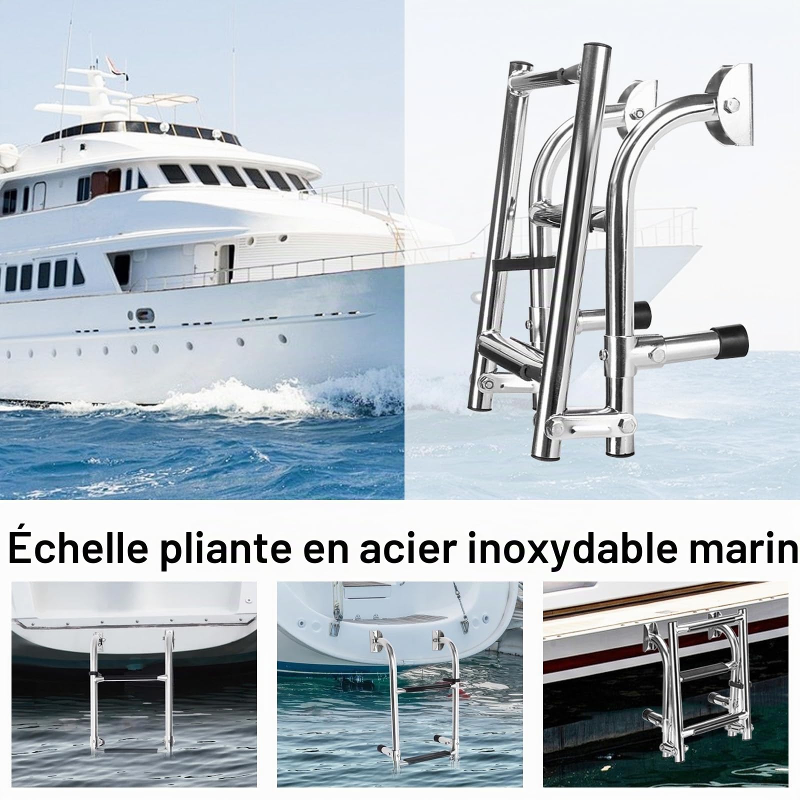 Aisny Échelle Natation à 3 Marches en Acier Inoxydable 304, Échelle Piscine Bateau Échelle Télescopique Pliable à 180 Degrés, Échelle Bateau Flottante Pour Quai Piscine Yacht Marin