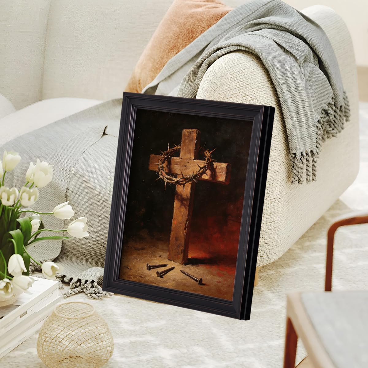 Framed Jesus Crucifixion Canvas Wall Art, Classic Good Friday Poster, Christian Religious Spiritual Faith Painting for Prayer Room, Cross And Nails Picture 12x16in
