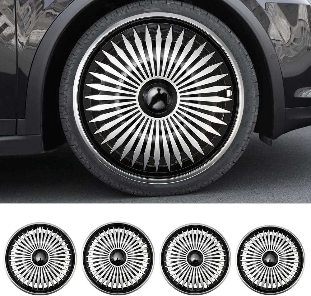 Hubcap Wheel Covers Hub Caps, Set of 4 16 Inch Black & Silver Universal ABS Plastic Snap-On Replacement Hub Cap Set, Automotive Rim Hubcaps Decoration Accessories Fits Most Cars (Style-01, 16Inch)
