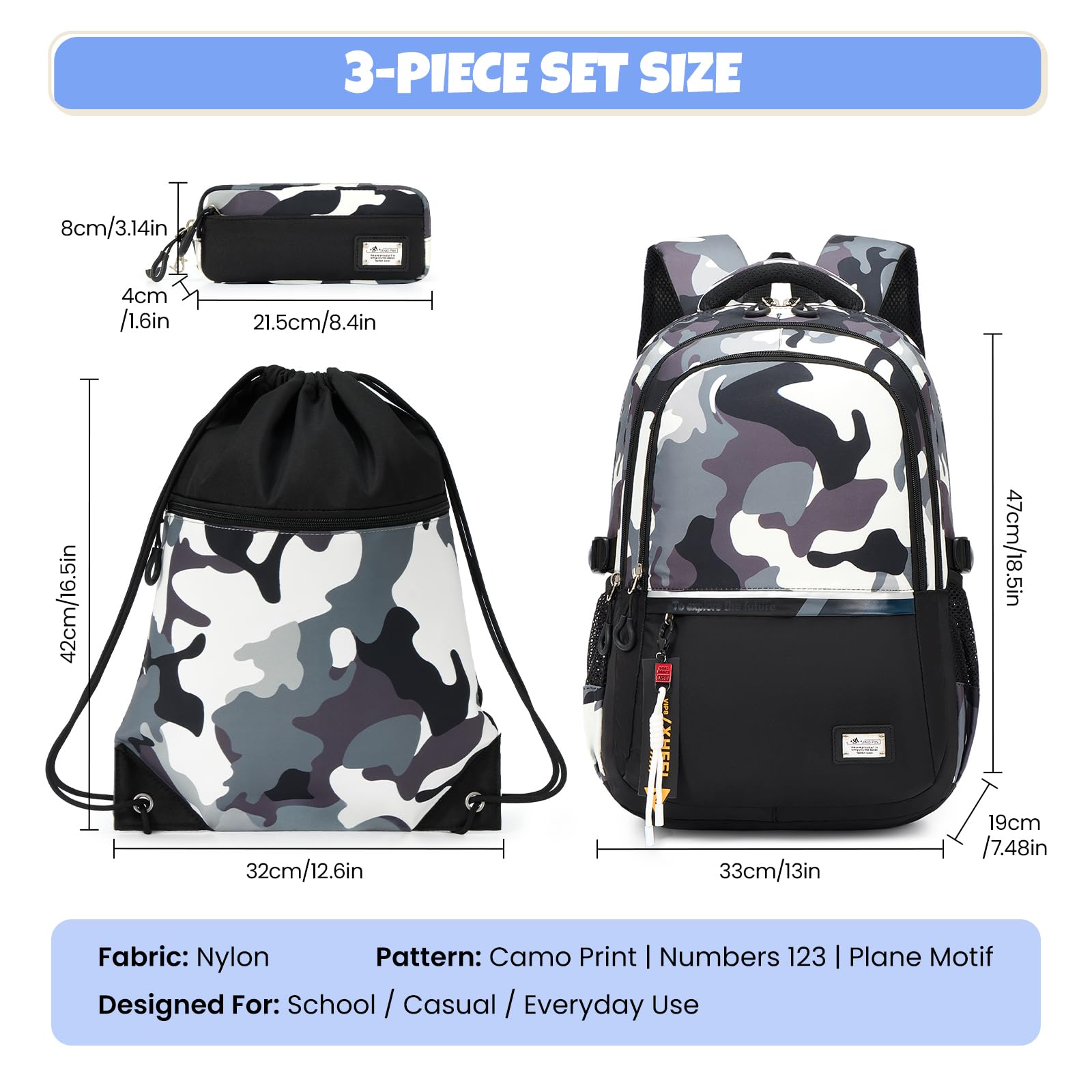 Amythe Schulrucksack-Set Jungen – 3-teilig ab Klasse 5, zum Schulanfang | Set: Rucksack Teenager + Drawstring-Bag + Federmäppchen. Leicht (650g). Wasserabweisend. 15,6" Laptopfach. Trolley-kompatibel