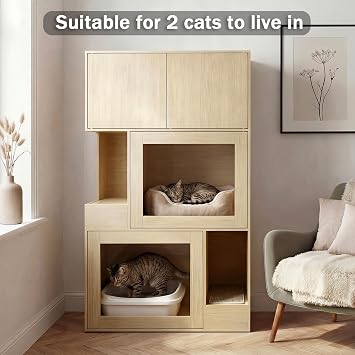 2-Tier Cat Litter Box Enclosure, Hidden Litter Box Furniture with Filter Board, Wooden Indoor Cat House with Large Cabinet & 2 Glass Doors for Living Room Bedroom, Natural
