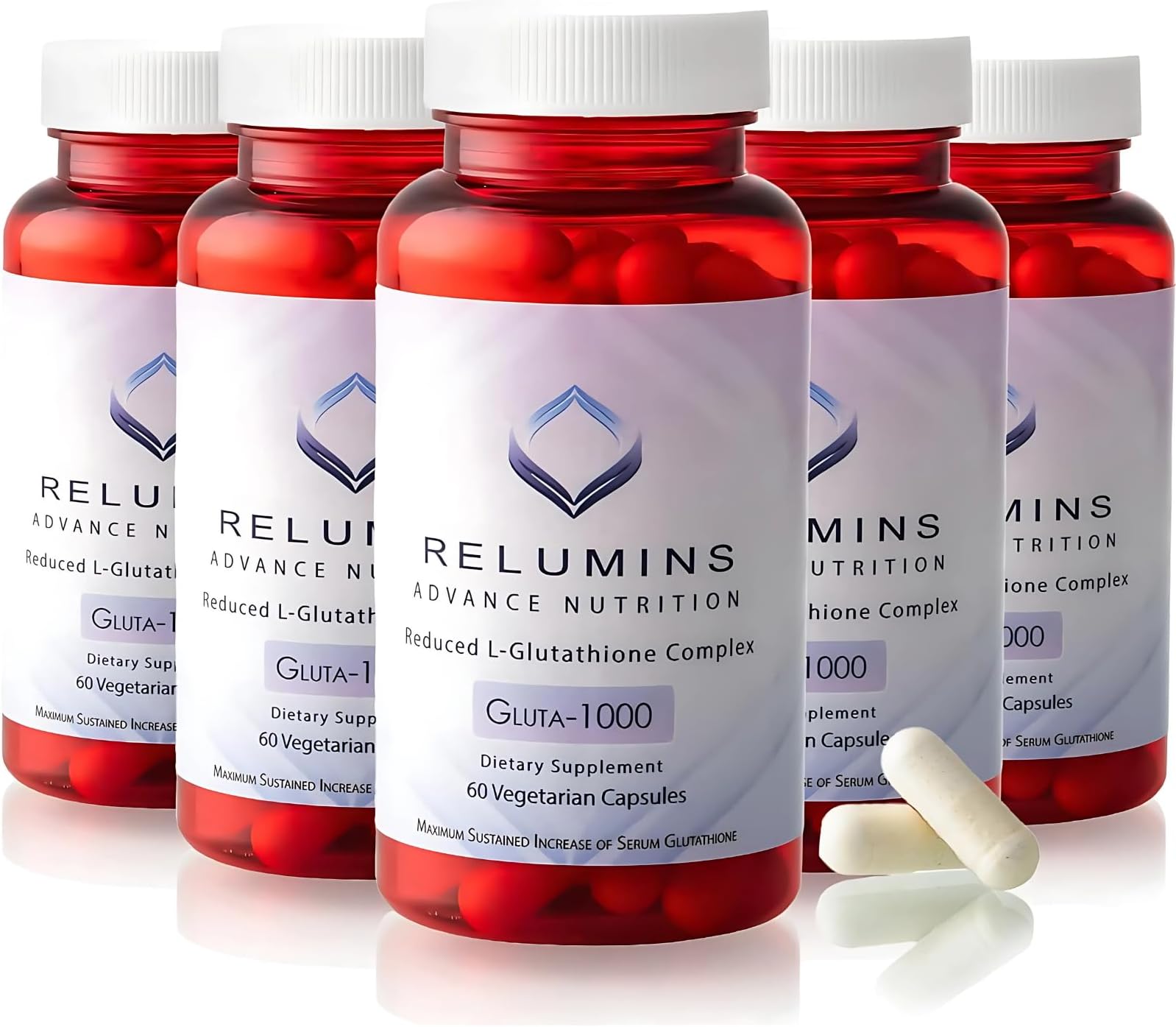 Relumins L-Glutathione Supplement Complex – Wellness Gift for Mom - World’s Most Advanced Reduced Glutathione 1000mg with Alpha Lipoic Acid for Smoother & Brighter Skin, Made in USA – 60 Caps x 5 Bots