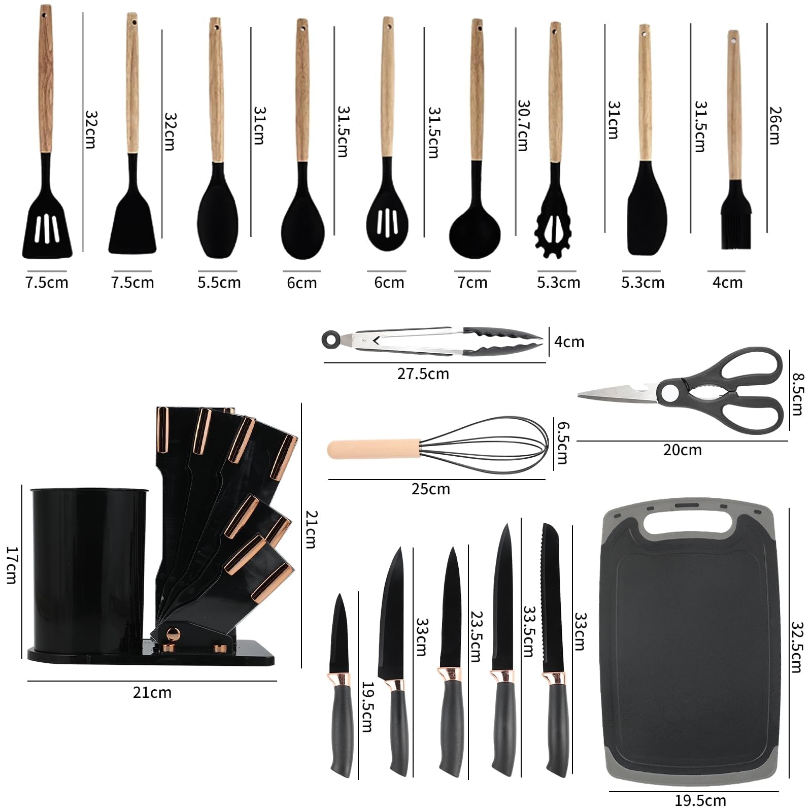 Set di 19 coltelli da cucina, in silicone, con 12 utensili da cucina, 5 coltelli, tagliere e supporto, lavabile in lavastoviglie (Nero/Bianco)