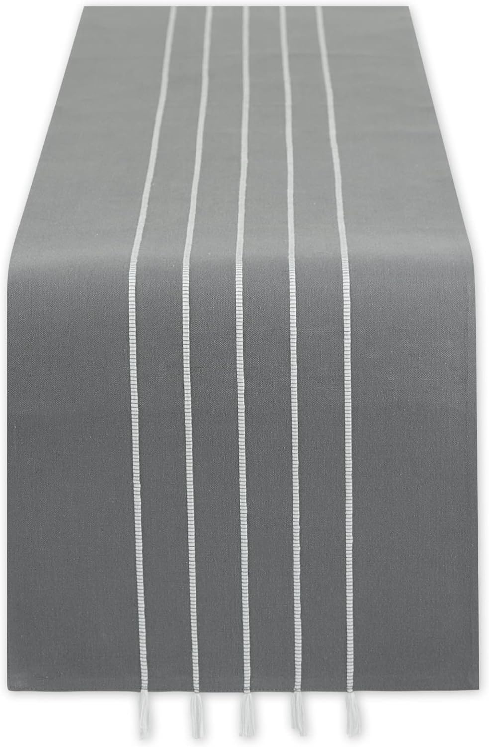 DII Tassel Stripe Tabletop Collection Decorative, Machine Washable, Table Runner 14x108, Gray & White
