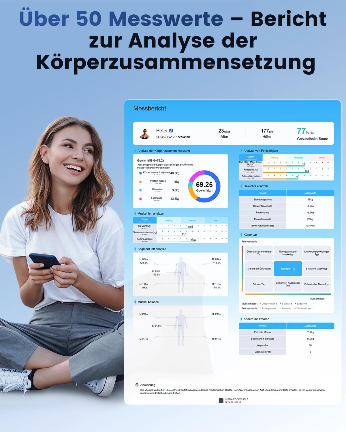 INSMART Körperfettwaage, 8 Elektroden Digital Personenwaage misst 56 Körperparameter Darunter BMI, Körperfett und Muskelmasse, VA-Farbdisplay und einziehbarem Griff, Maximale Tragfähigkeit 227 kg