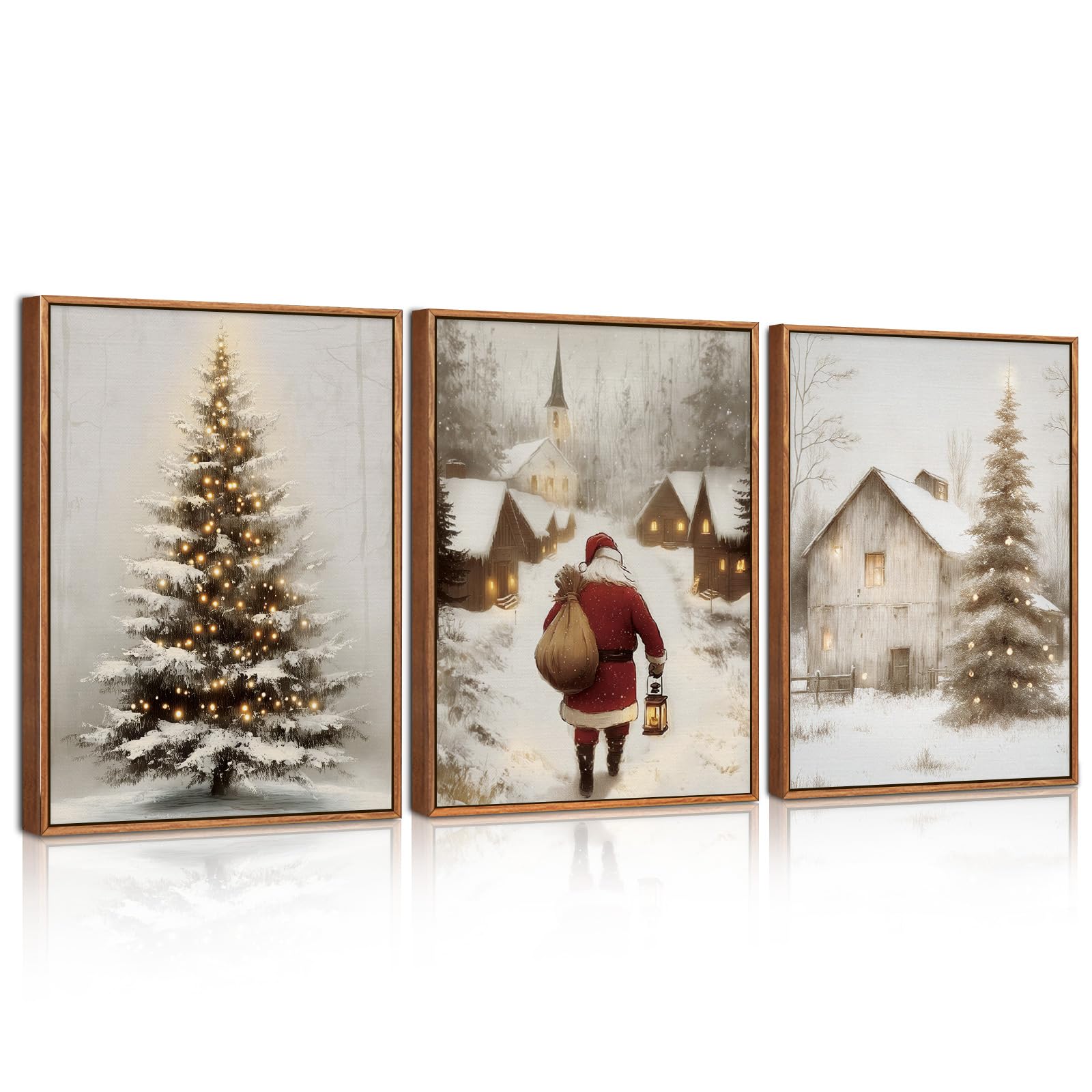 ANHUIB Christmas Wall Art Set of 3 Vintage Santa Claus Canvas Wall Art Prints Christmas Framed Wall Art Xmas Artwork Vintage Xmas Wall Decor for Living Room Bedroom Winter Home Decoration 30x40cm