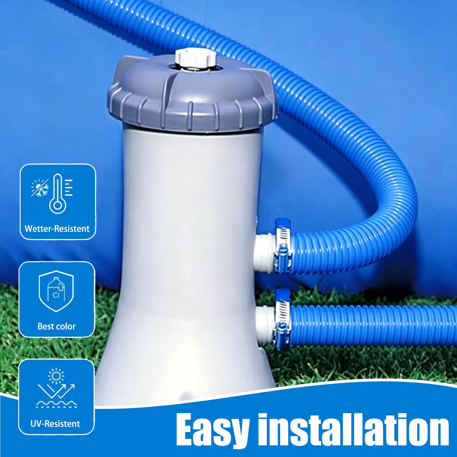2 mangueras de piscina de 32 mm (azules) para bombas – incluye 4 clips de seguridad y 1 conector – ideal para bombas de filtro, limpiadores y calentadores de piscina