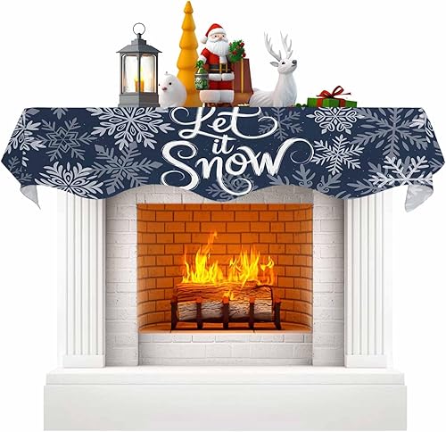 Winter Snow Fireplace Mantel Scarf 60 x 17 in Christmas Snowflakes Black Vintage Decoration Reusable Mantel Cover for Holiday Party Home Living Room