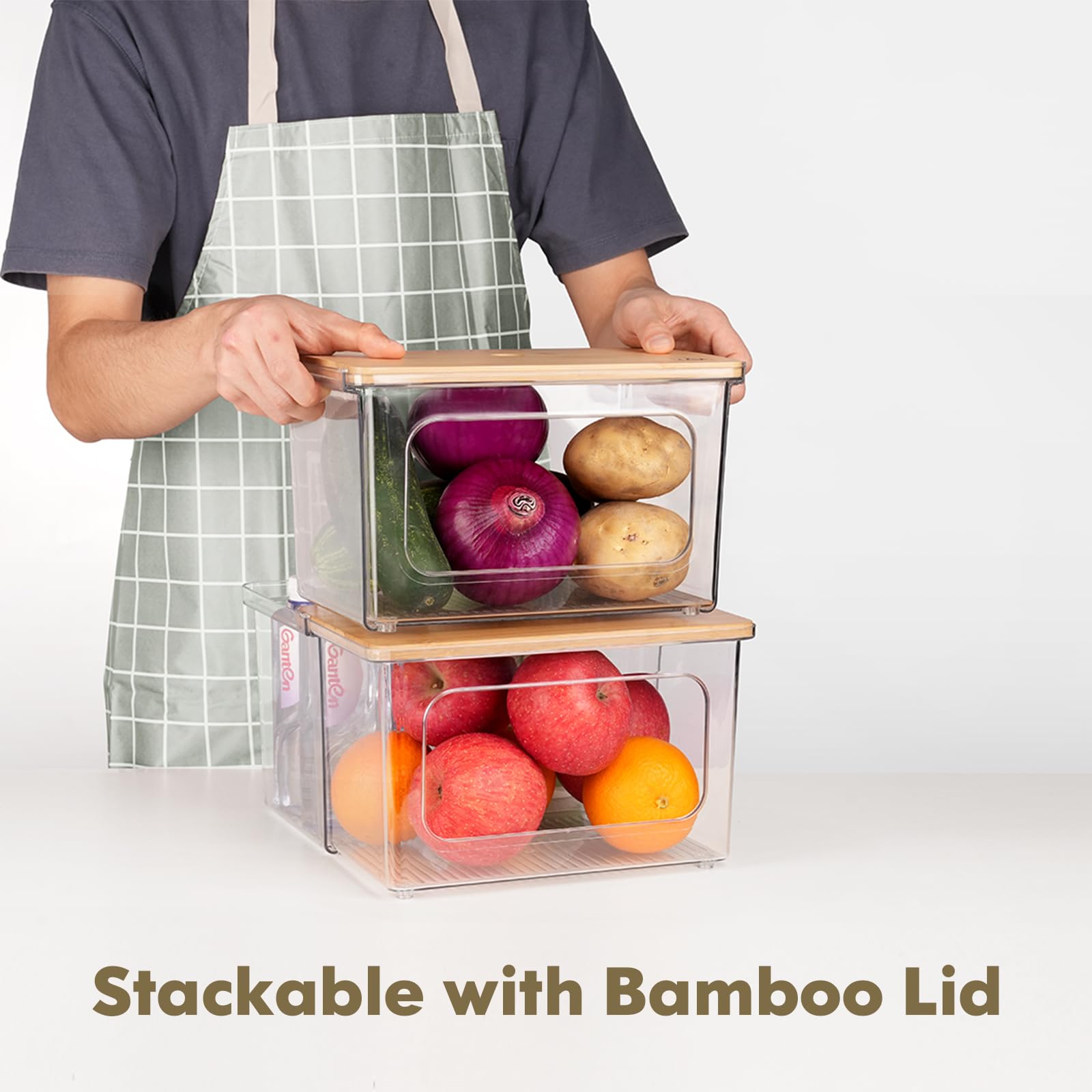 iCASA Dispensador de bolsas de basura, soporte para rollo – Contenedor de bolsas de basura acrílico transparente 2 en 1 con tapa de bambú, caja de almacenamiento de bolsas de plástico para cocina,