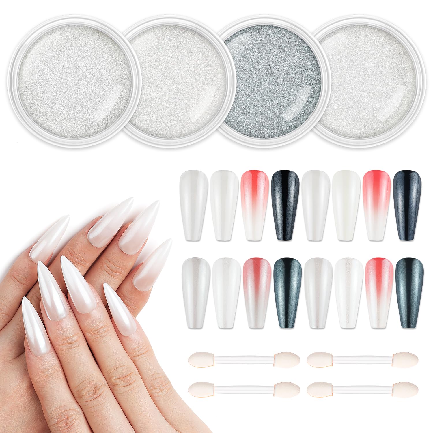 AIMEILI Pearl Chrome Nail Powder 4 Colors Aurora Metallic Holographic Mirror Effect Nail Art Pigment Iridescent Shell Glitter Nail Art Manicure Kit
