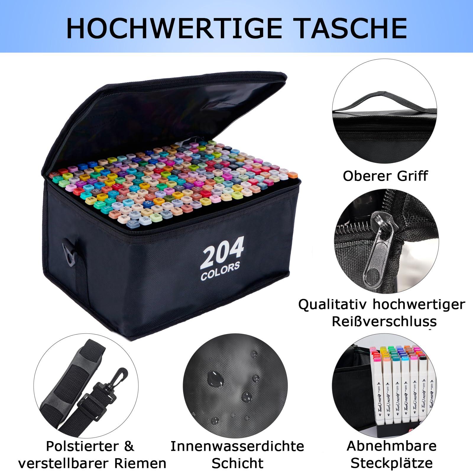 204 Farben Alkohol Marker Set, Twin Marker Permanente Alcohol Marker Stifte, Schnelltrocknend Filzstifte für Manga Design Zeichnen Erwachsenen-Malbücher Schüler Künstler