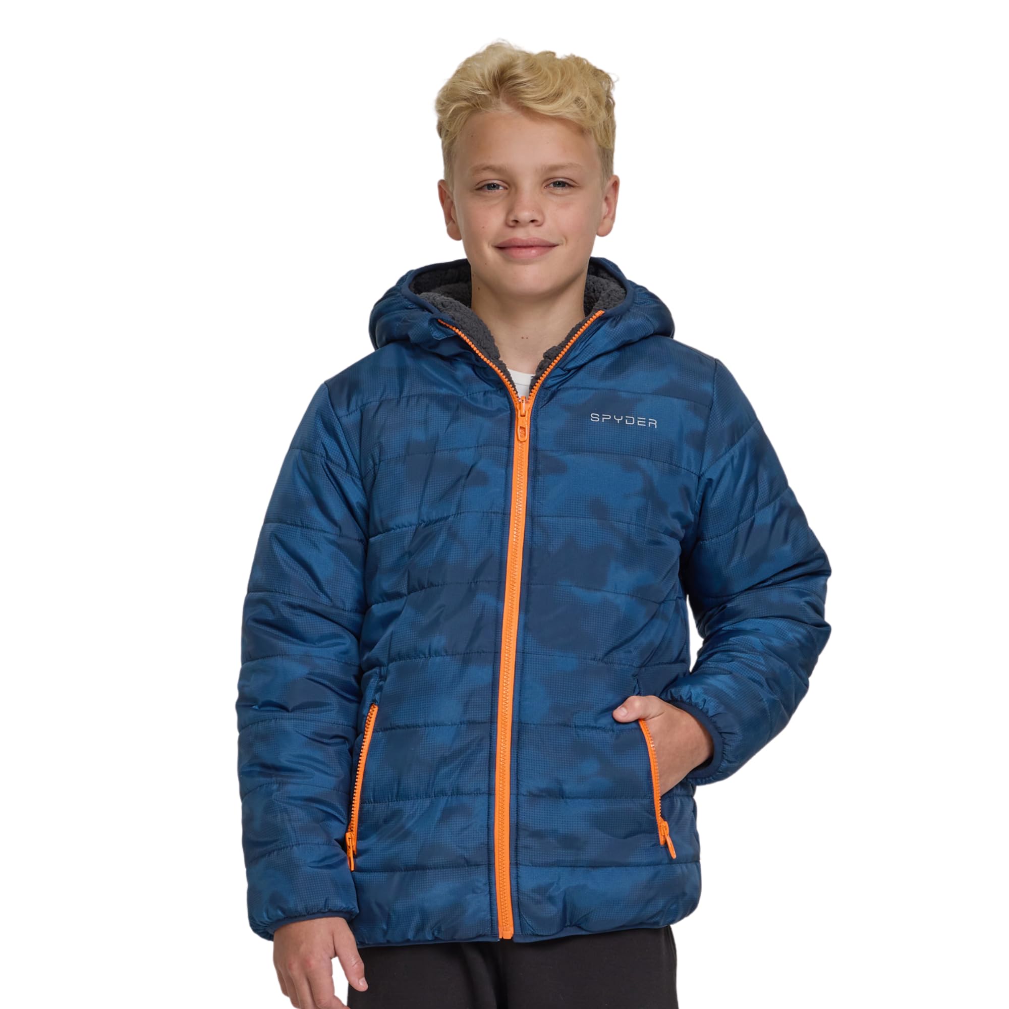Spyder Reversible Boys Puffer Jacket - Fleece Lined Puffer Coat with Hood, Sherpa Winter Kids Outerwear, Sizes 4-20