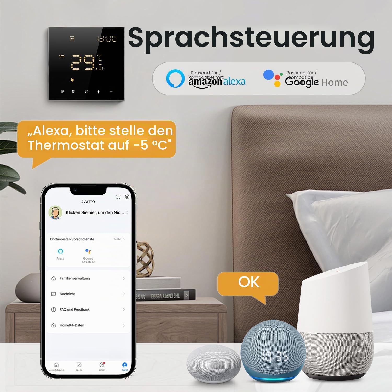 Smart WiFi Thermostat für Wasser-Fußbodenheizung und Gasboiler, Programmierbar Raumthermostat Unterstützen Alexa, Google Home Sprachsteuerung und Smart Life App Fernbedienung (2,4-GHz-WiFi)