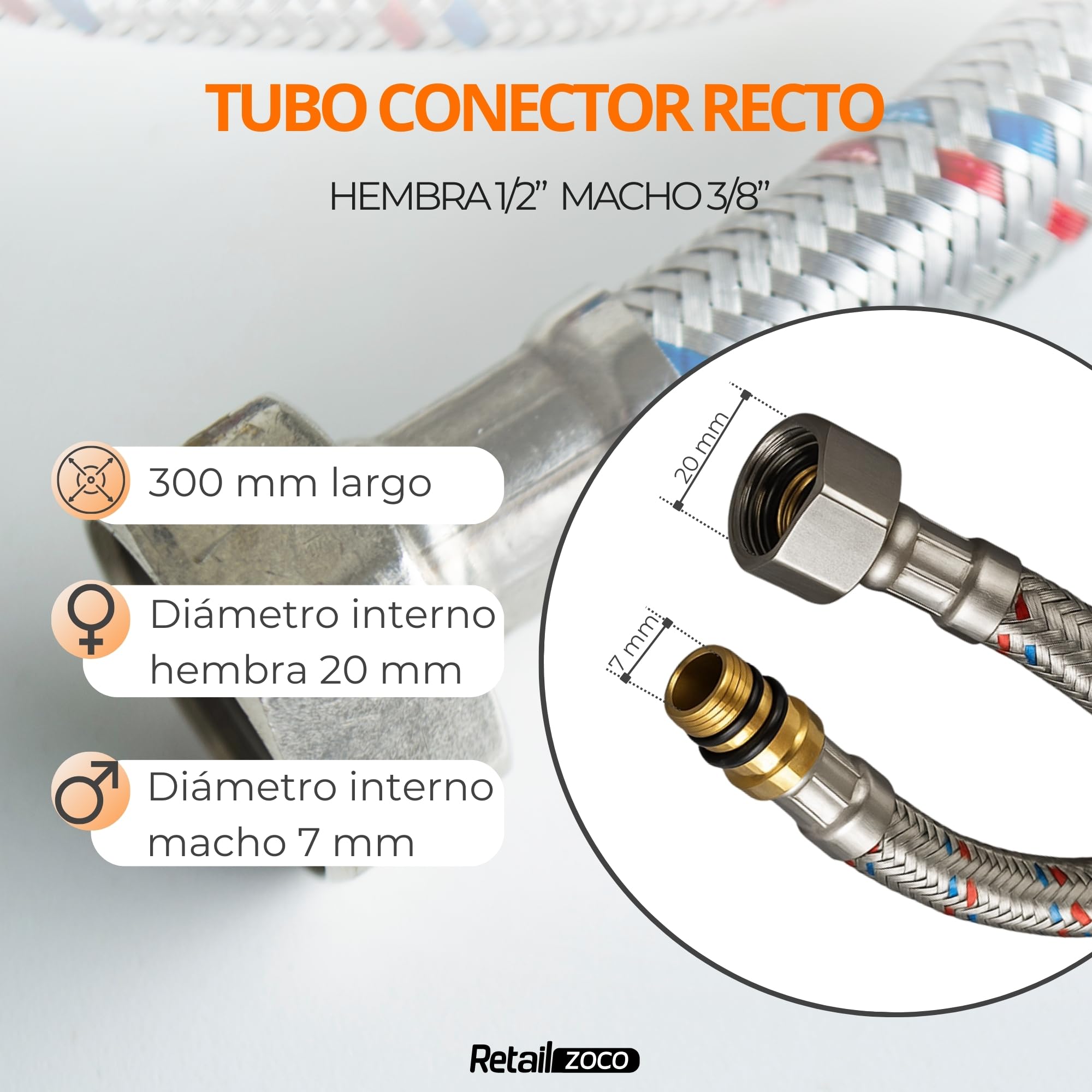 Latiguillo de Fontanería Hembra 1/2” x Macho 3/8”, Longitud 30 cm - imagen 4