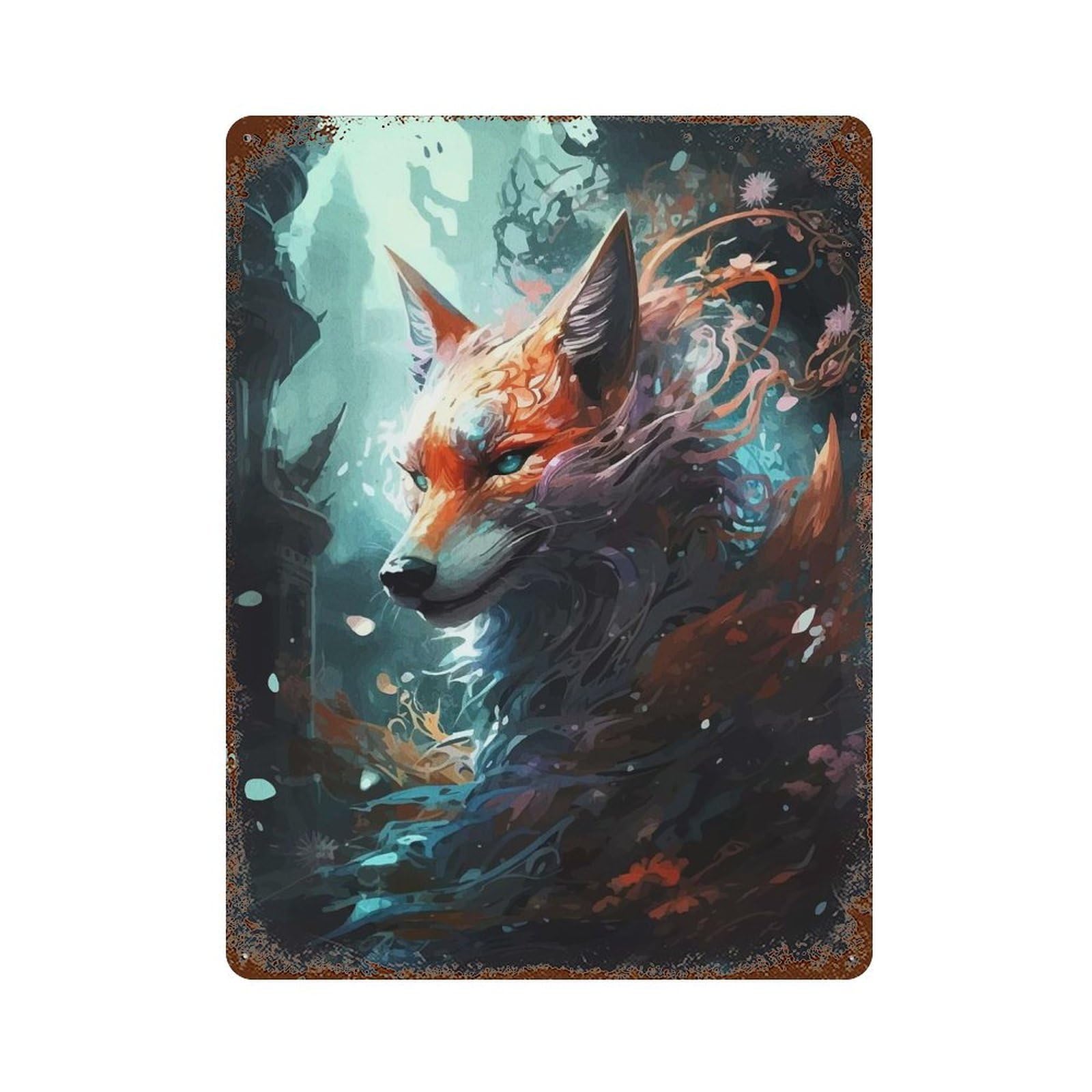 Mystical Fox Portrait Rustic Tin Plaque 15.7"x11.8", for Pub, Kitchen And Man Cave Decor, Vintage Wall Decor