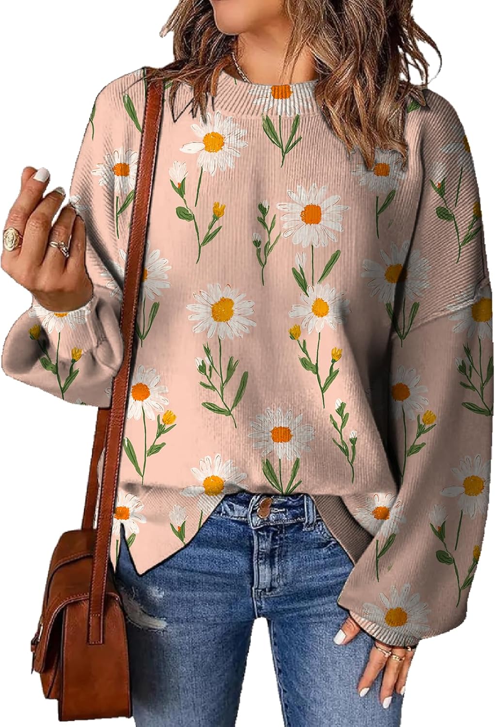 Womens Sweater Fashion Printed Lantern Sleeve Crewneck Pullover Tops Plus Size Warm Soft Knitted Fall Jumpers