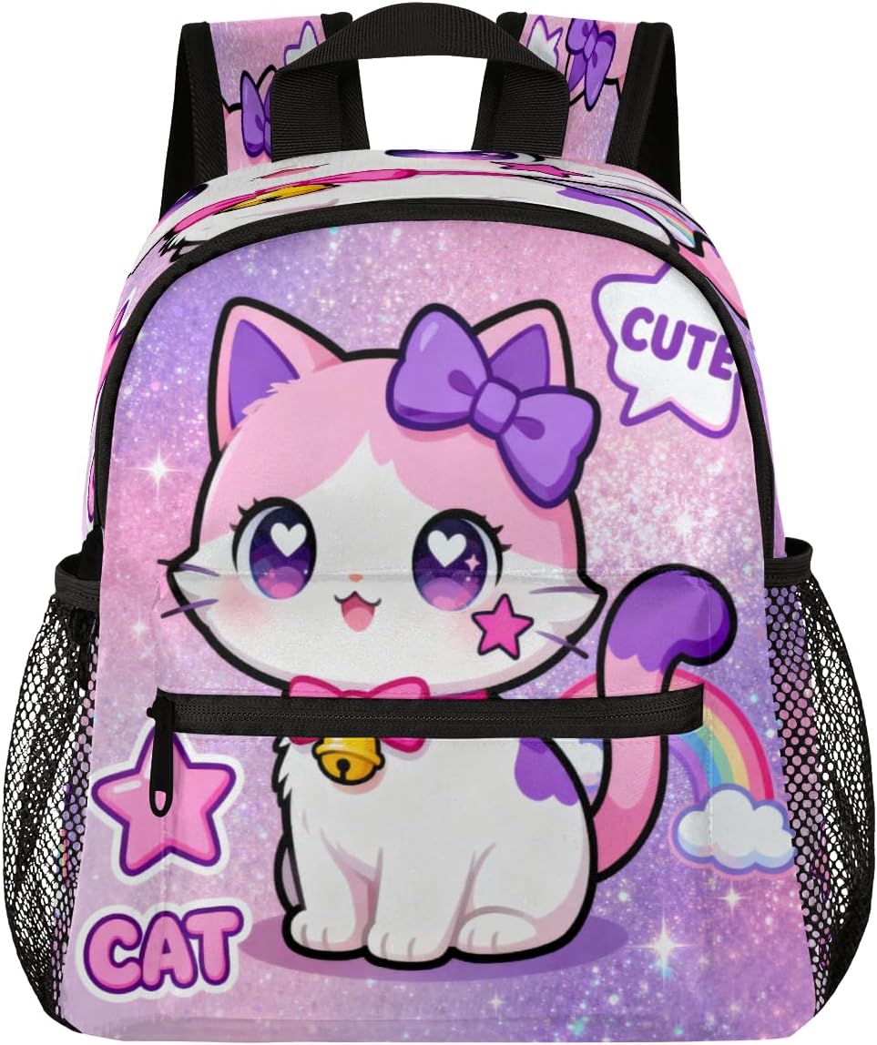 AUUXVA Cute Toddler Backpack for Girls, Pink Cat Little Kids Preschool Kindergarten Bookbags Mini School Bag Daycare Backpacks with Chest Strap for Nursery Travel(Glitter Kitty)
