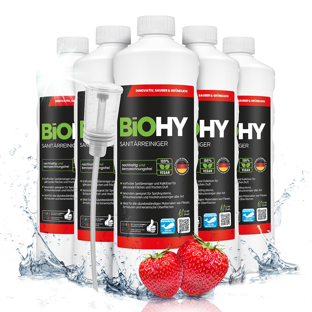 BiOHY Limpiador sanitario (6 botellas de 1 litro) + Dosificador | Concentrado de cal para el área sanitaria | Deja un agradable y fresco aroma | EXTRA FUERTE (Sanitärreiniger)