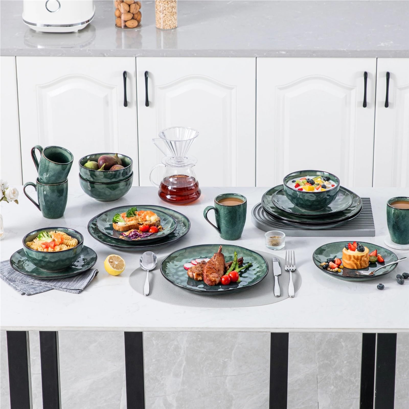 vajilla completa Juego de vajilla con esmalte horno verde estrellado | Vajilla esmaltada en rojo y verde con plato llano, plato de postre, cuenco y taza(48-PCS GREEN)