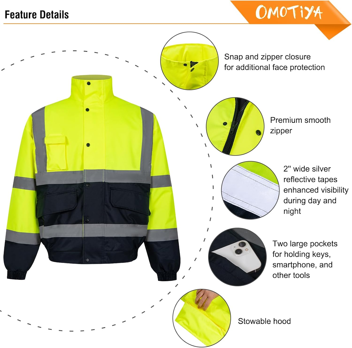 HI VIS Safety Hoodie Jacket for Men, Class 3 Reflective Hoodie with Pockets - Image 3