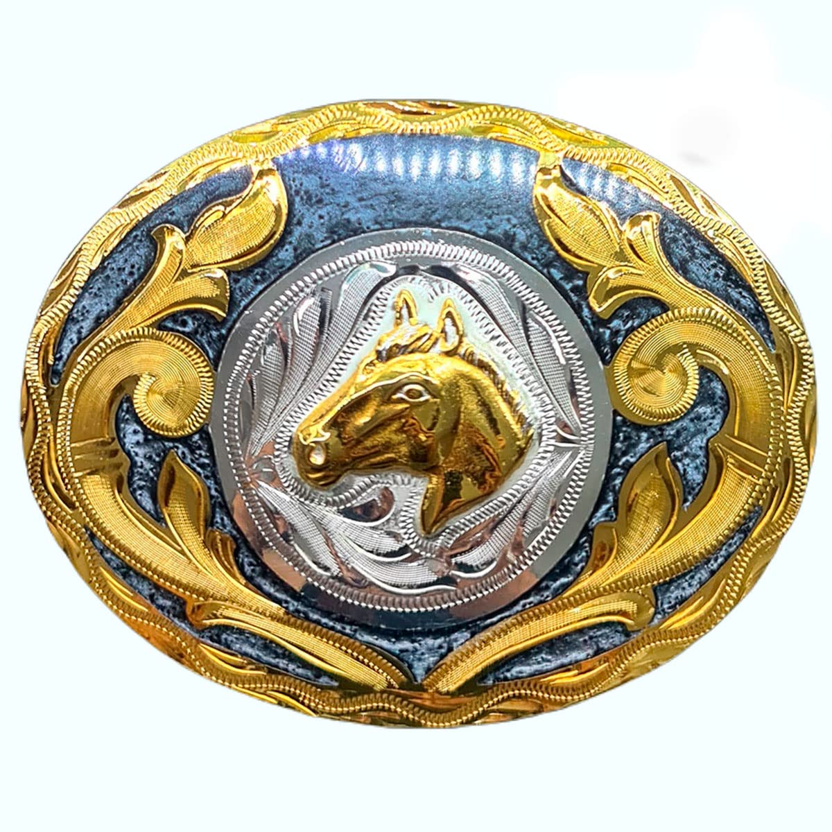 Western Buckles Oval Horse Head Model with 24K Gold Plated, .925 Silver Plated and Gray Resin