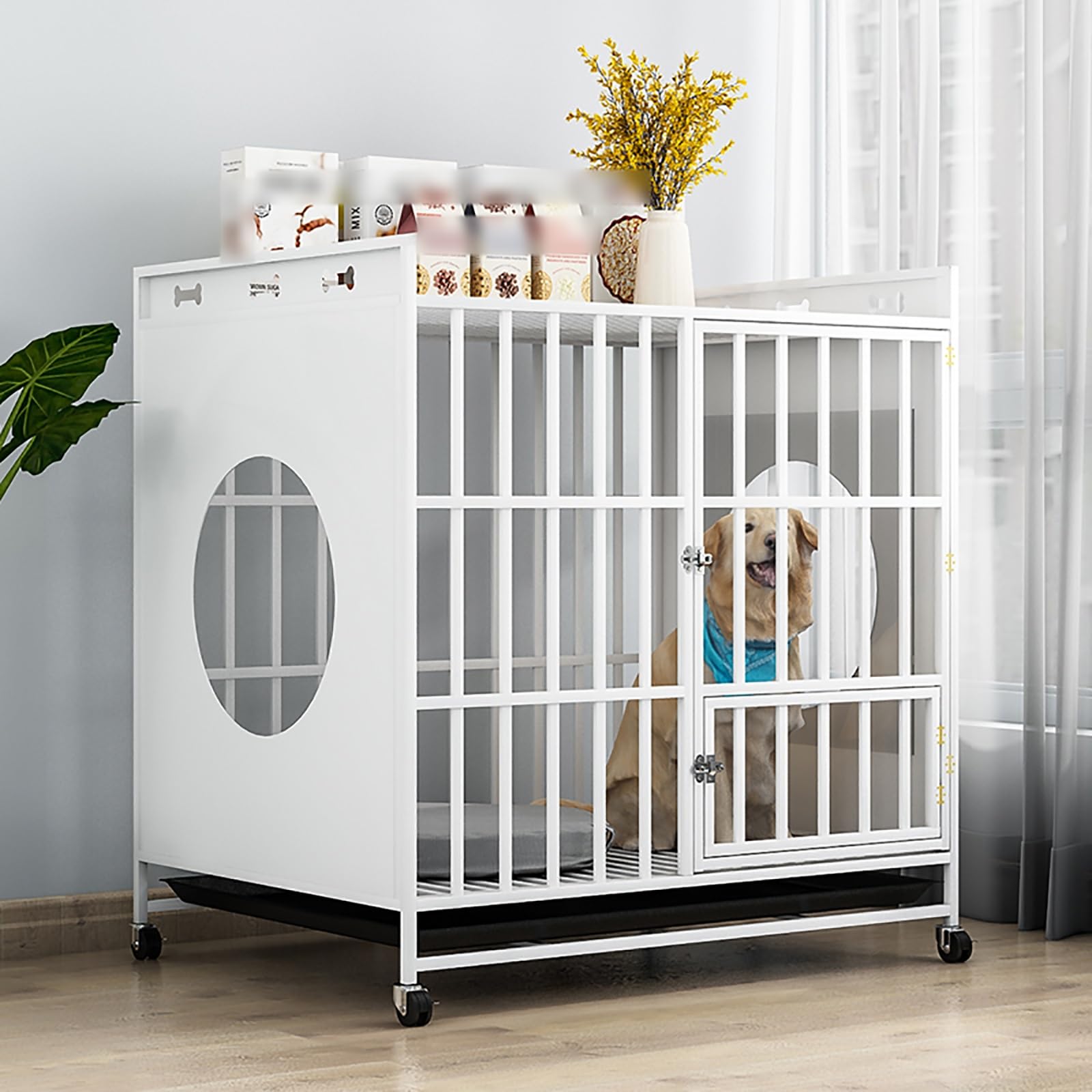 Jaula para Perros 2 en 1 con Ruedas - Caseta Decorativa Resistente a mordidas y Mesa Auxiliar para Perros pequeños, medianos y Grandes - Elegante caseta para Perros de Interior (Blanca)