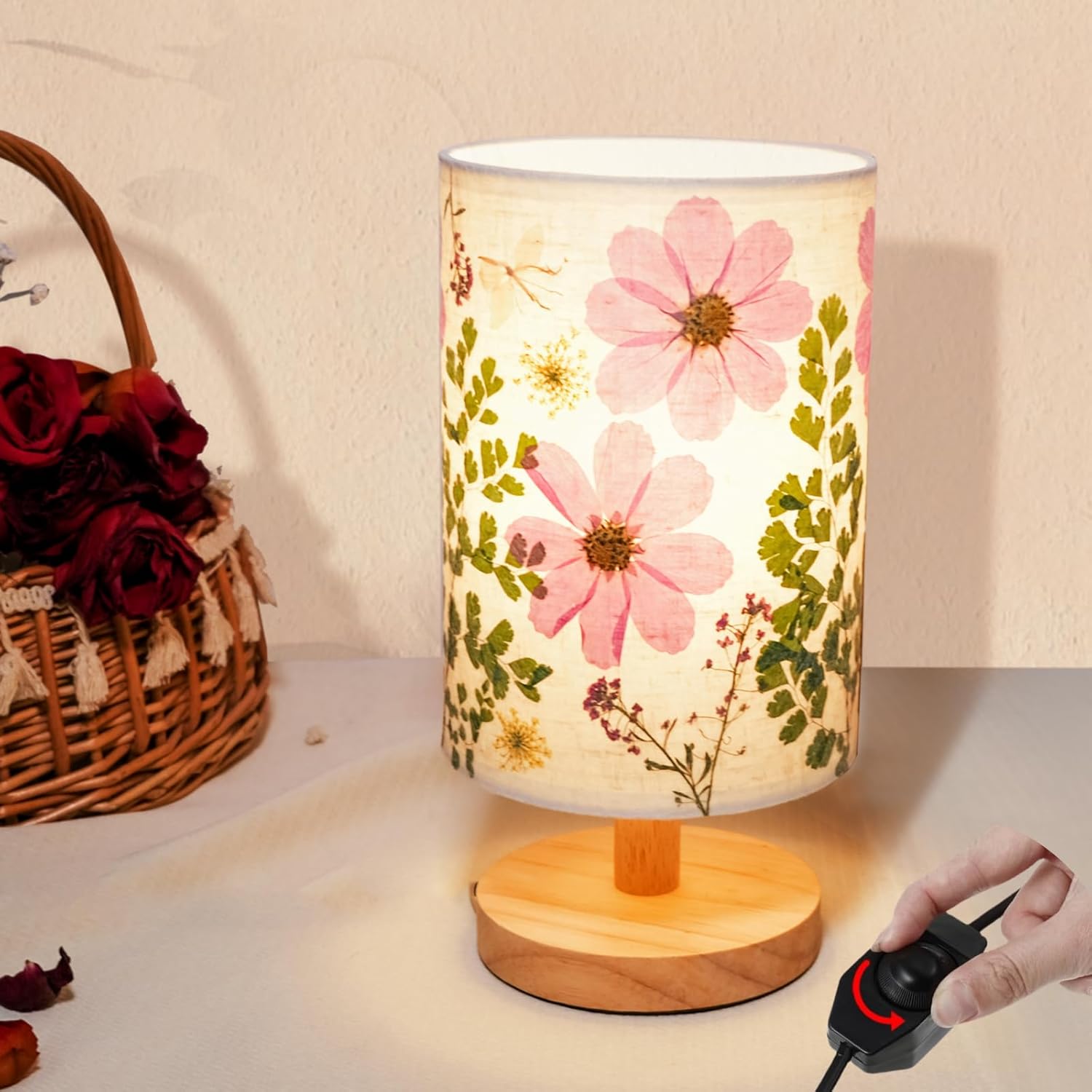 Dried Flowers Small Table Lamp 9W LED Dimmable Warm Light Pressed Flower Bedside Lamp Linen Shade with Wood Base for Bedroom Living Room Desk Nursery - Image 6