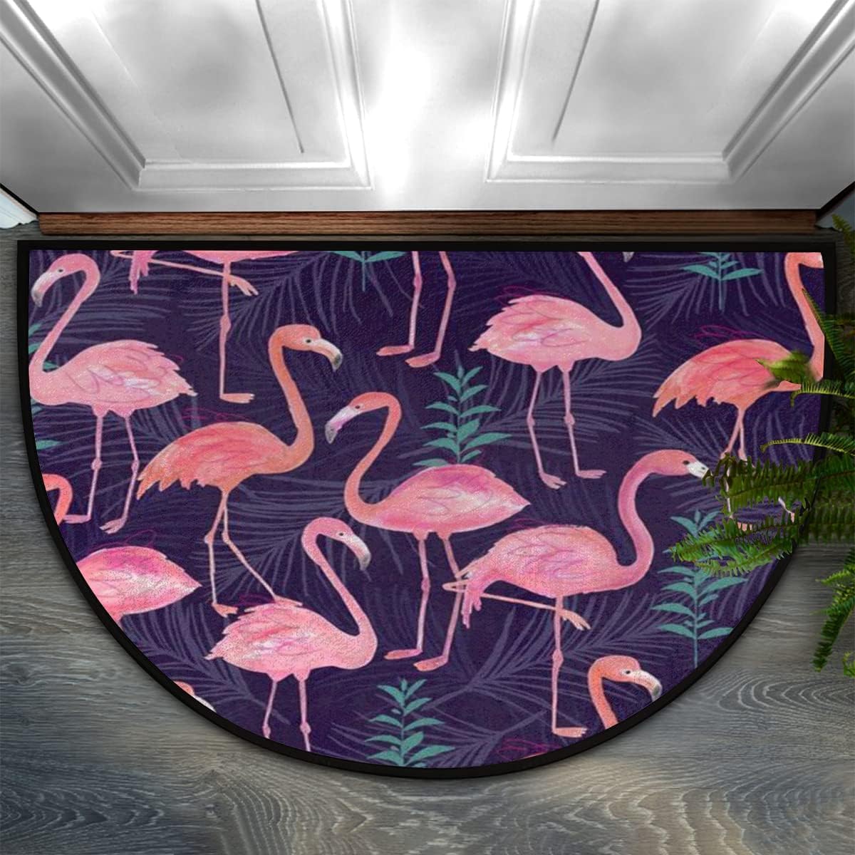 Tropical Flamingo Palm Leaves Half Round Door Mat Semi Circle Bathroom Rug Indoor Outdoor Entrance Bath Mat Non Slip Floor Doormats Welcome Front Door Mats Home Decor Rugs 18x30 inch