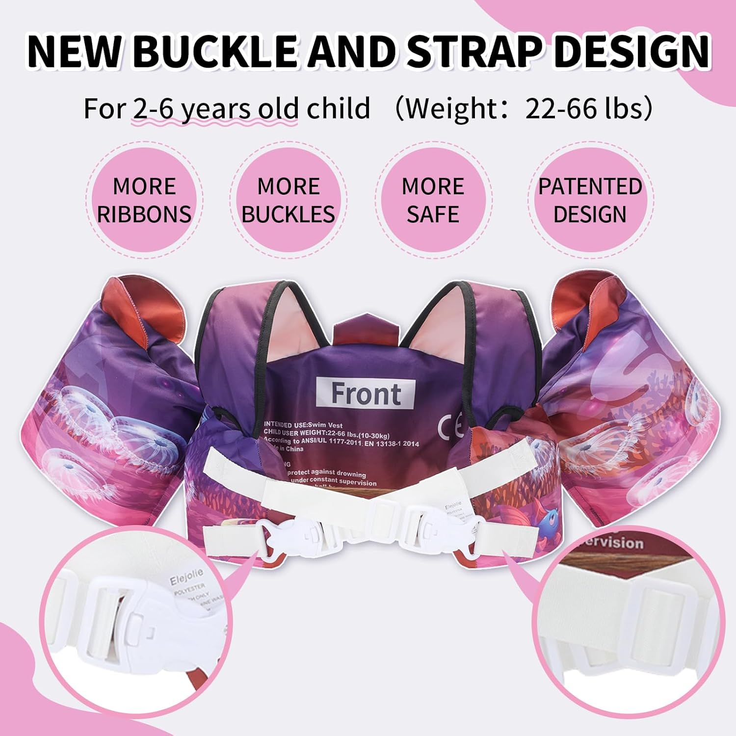 Elejolie Toddler Swim Vest for Child Learn Swiming Training,Infant Safety Swimmies Aid Jacket for Kids 2 3 4 5 6 Years Old,Arm Water Wings for Baby 22-66lbs