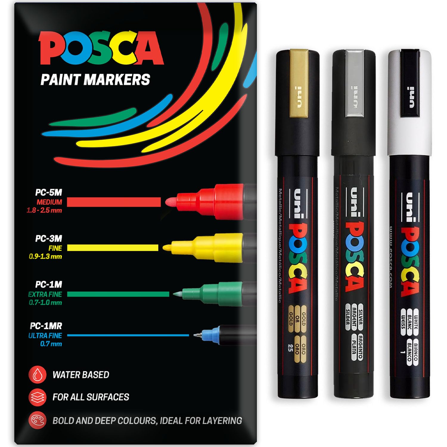 Posca Water Based Acrylic Paint Marker Pens | Multi Surface Use Permanent Paint Pen | Pack of 3 Pens in Envelope Gift Packaging | Glass, Fabric, Canvas, Wood etc | PC-5M, Gold, White, Silver