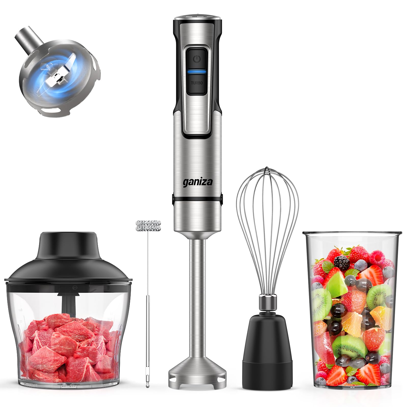 Ganiza Batidora de Mano 5 en 1, 1200 W, con control de velocidad y función turbo, Acero inoxidable e incluye picadora, batidor de varillas, espumador de leche y vaso medidor