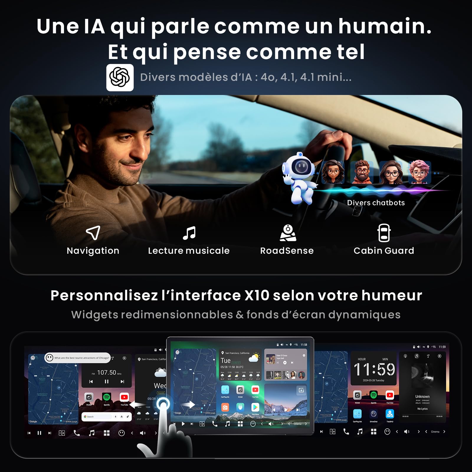 [14,1" QLED] ATOTOZONE Autoradio Android avec GPS intégré Tableau de Bord, 1DIN & 2 DIN Écran Flexview, Agent IA, LiveView à Distance, Alerte Golden Hour, 7.1.2 CH Audio, 4G LTE, 8G+128G, X10G141E