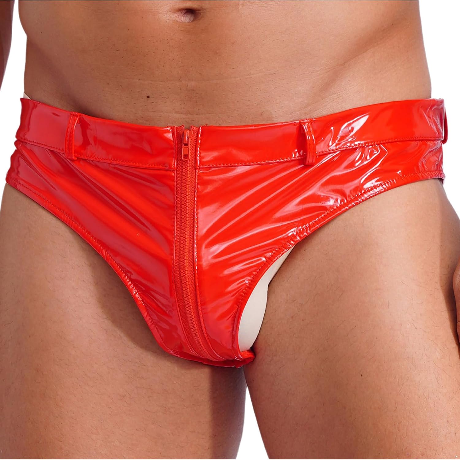 Men's Patent Leather Low Waist Booty Shorts Underwear Zipper Crotch Latex Hipster Panties
