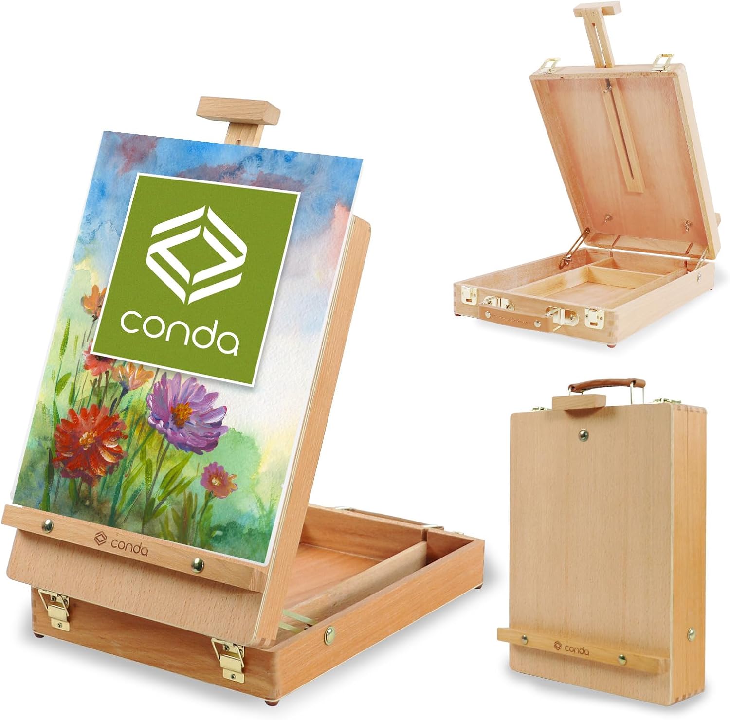 CONDA Premium Wooden Sketch Box Easel - Adjustable Tabletop Art Easel for Painting, Drawing & Sketching, Solid Beech Wood Design with Art Supply Storage, Ideal for Artists, Students & Beginners