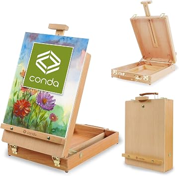 CONDA Premium Wooden Sketch Box Easel - حامل فني قابل للتعديل للرسم والرسم والرسم، تصميم خشب الزان الصلب مع تخزين الإمدادات الفنية، مثالي للفنانين والطلاب والمبتدئين