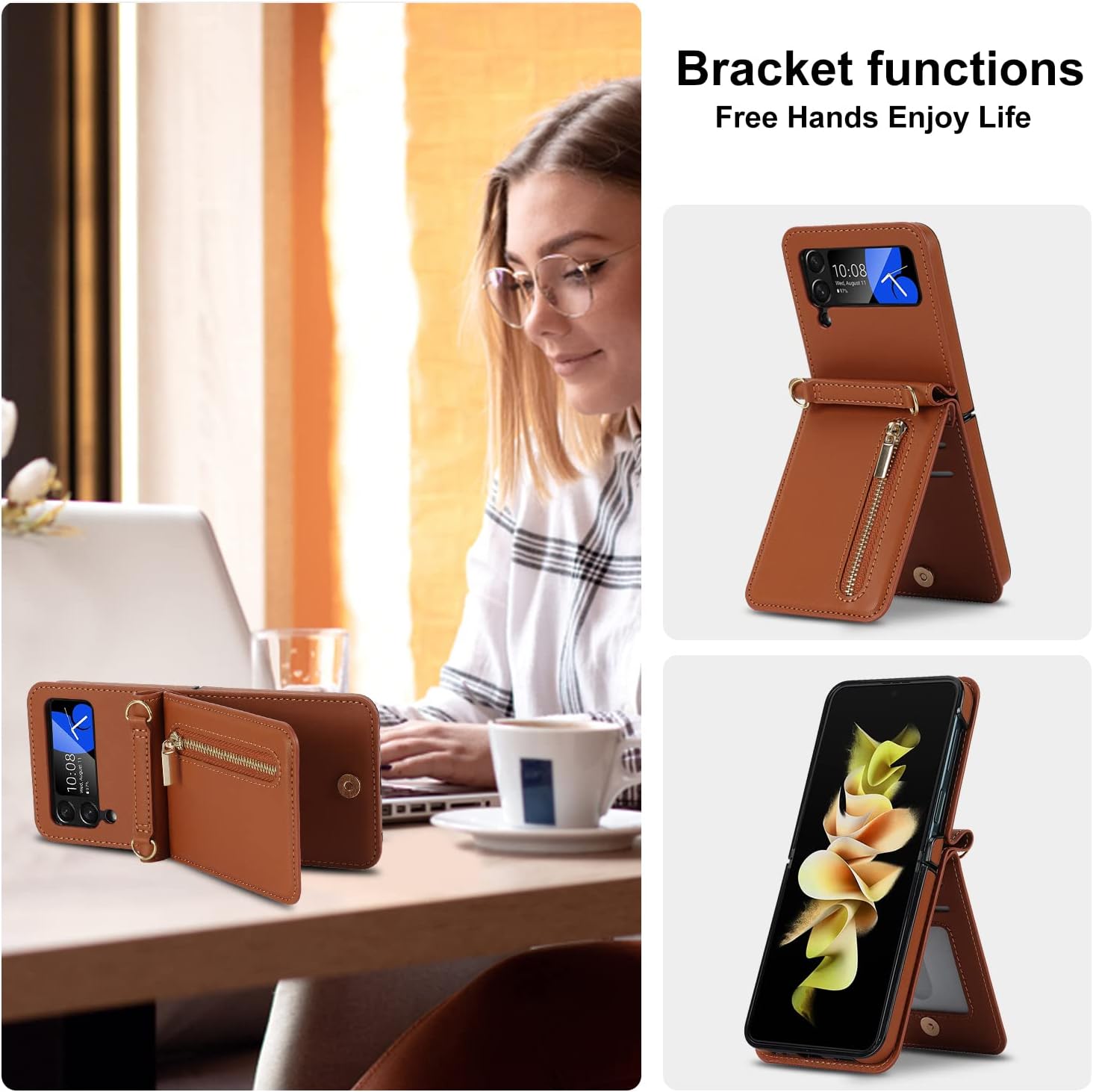 Compatible with Samsung Galaxy Z Flip 4 Stand Stylish Flip Protective Leather Case,Wallet case with Zip,Card Slot,Cash Compartment, Phone case with Cord for Galaxy Z Flip 4 (Brown)