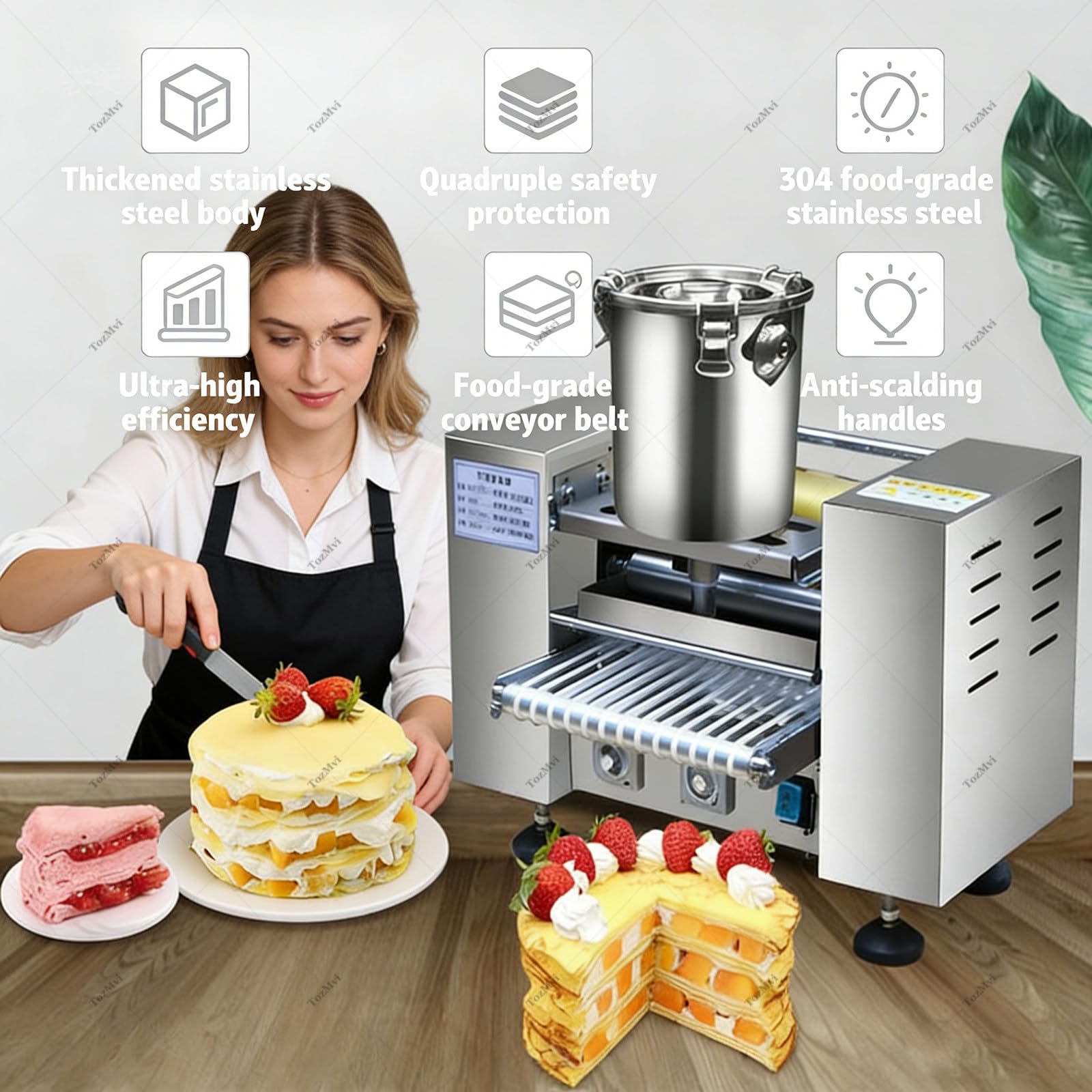 Macchina Professionale Automatica per La Preparazione di Torte Mille Crepe, Macchina per Sfoglie di Uova a Mille Strati E Macchina per Basi di crêpe, Diametro: Stampi da 6"/8" 8in