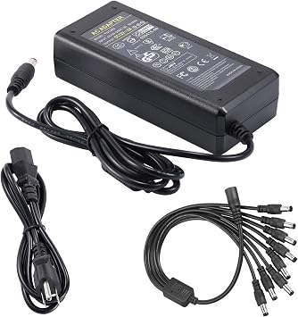 COOLM 60W AC DC 12V 5A Power Supply Adapter 5.5X2.5mm 60W Charger with 8-Way 8 Way Power Splitter Cable for CCTV Camera LED Strip Light