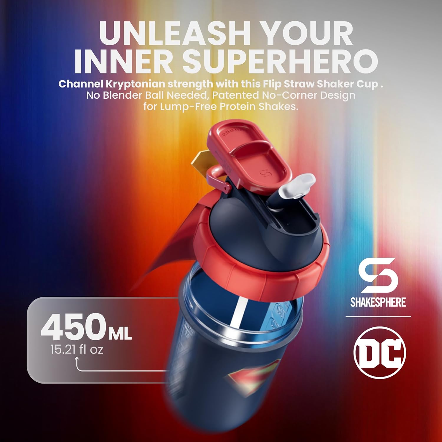 SHAKESPHERE Protein Shaker Bottle - Superman Edition - 450ml Flip Straw Leak-Proof Shaker Cup with Detachable Cape | Capsule Design, BPA-Free, 3D Logo, Collector’s Box - Image 2