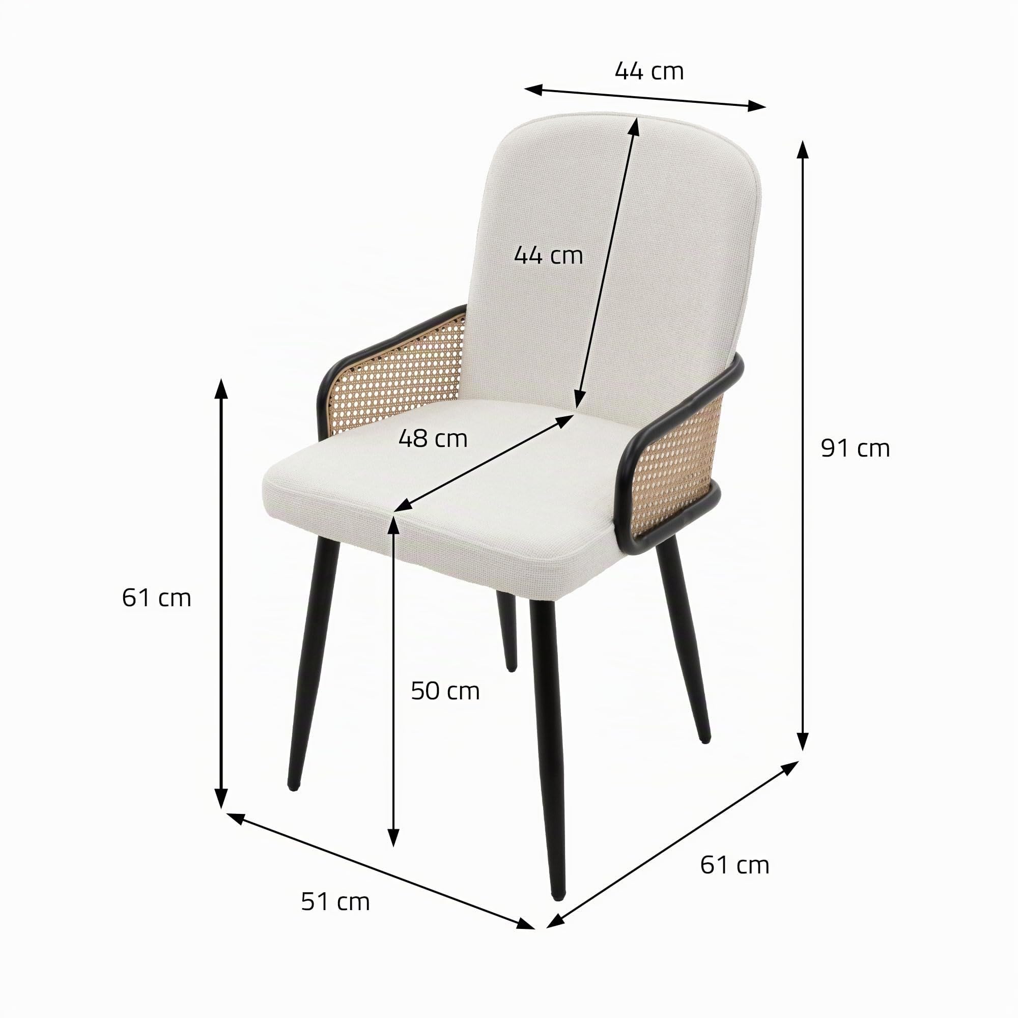 ML-Design Juego de 2X Sillas de Comedor con Funda de Tela Beige, Asiento de Salón con Respaldo, Reposabrazos con Aspecto de Ratán Mueble Tapizado con Patas de Metal, Sillón Ergonómico de Cocina