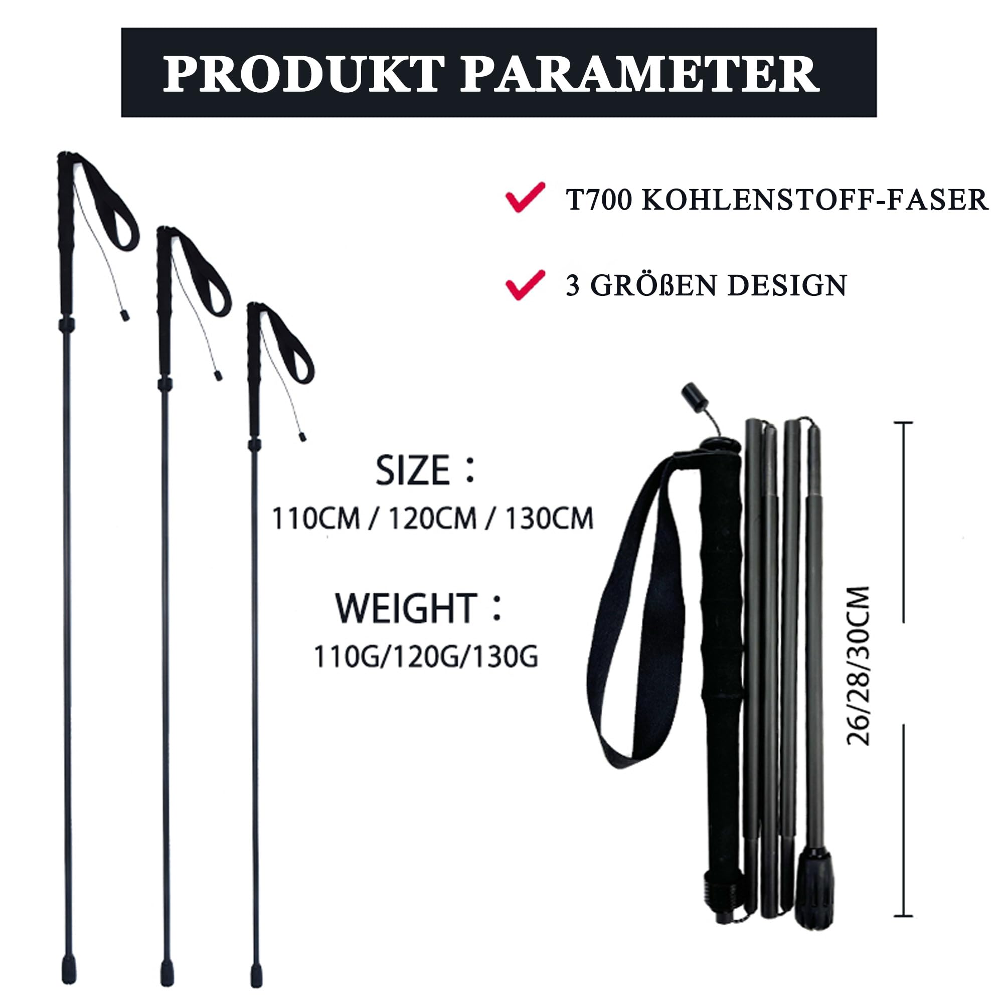 O kijki trekkingowe 【ultralekkie】 110G/120G/130G włókno węglowe 5 sekcji, zestaw 210 cm/120 cm/130 cm, sprzęt do wspinaczki górskiej, czapka odprowadzająca wilgoć z torbą do przechowywania, uniseks
