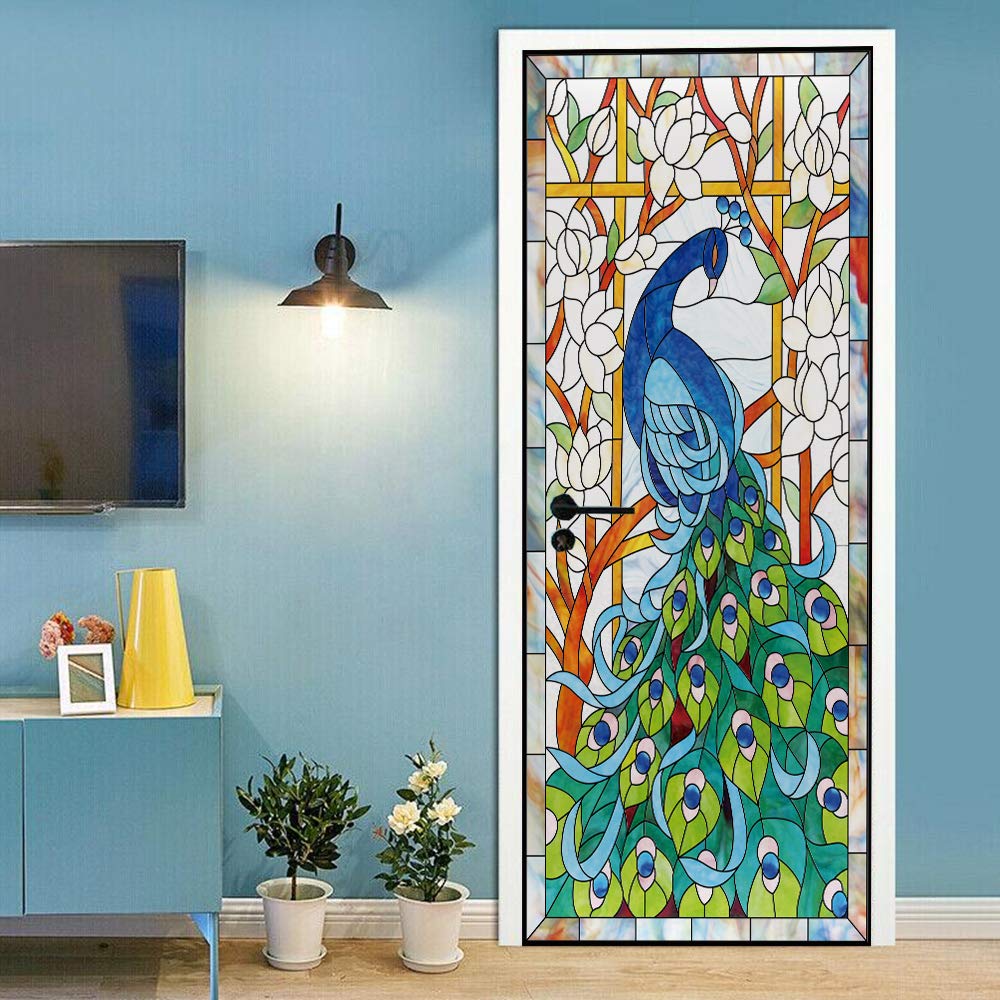 Sticker de porte paon 88x200cm papier peint effet trompe l'œil en verre amovible