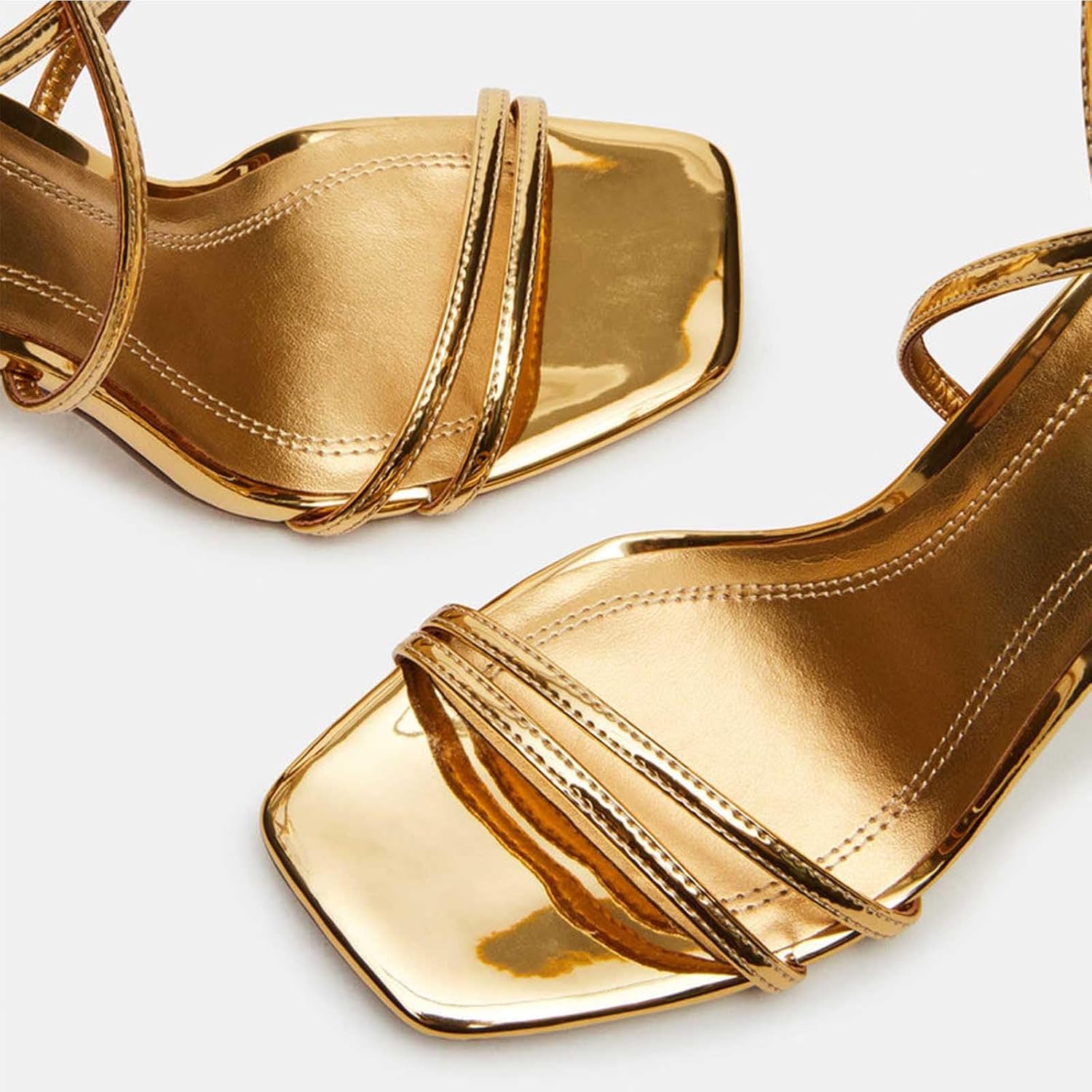 ZJGZF Gold Strappy Heels for Women Dressy Chunky High Heeled Sandals Square Open Toe Sexy Metallic Heels Wedding Shoes