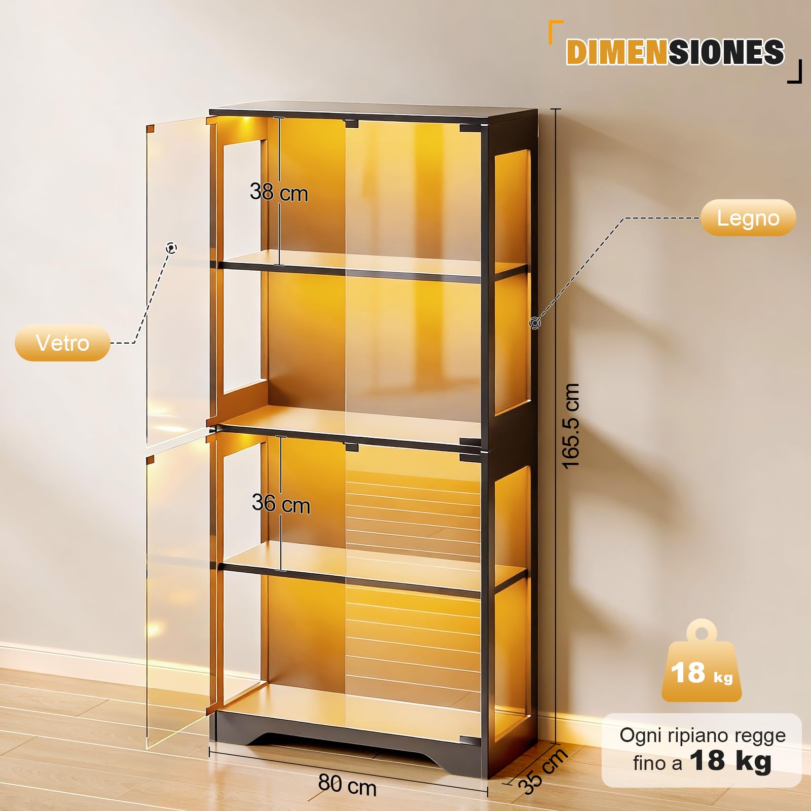 JUMMICO Vetrina in vetro con illuminazione LED colorata effetti luminosi dinamici da parete per figure in piedi legno vetrina in vetro per oggetti da collezione 4 livelli, nero, 80 x 35 x 165,5(H) cm