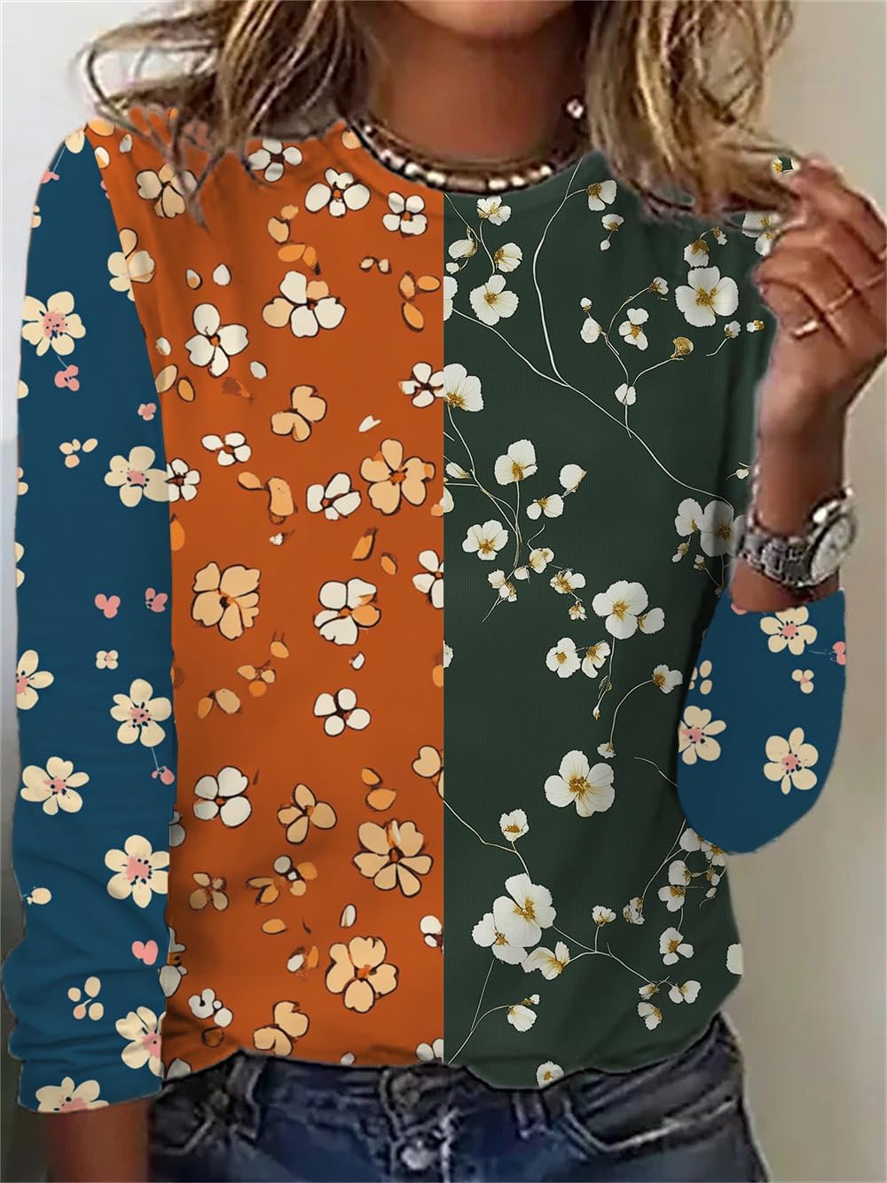 Womens 3/4 Sleeve Tops Boho Floral Print Splice Crewneck Casual Shirts for Women Vintage Trendy Blouse - Image 2