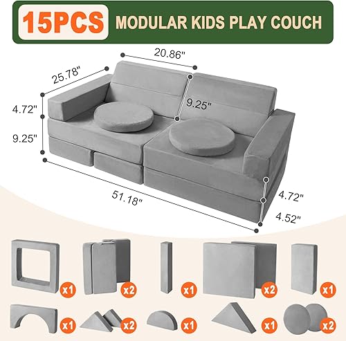 Miniatura 3 de Sofá modular de juego para niños, 15 piezas, juego de sofá convertible para niños y niñas, sofá de juego de espuma para niños y niñas, muebles