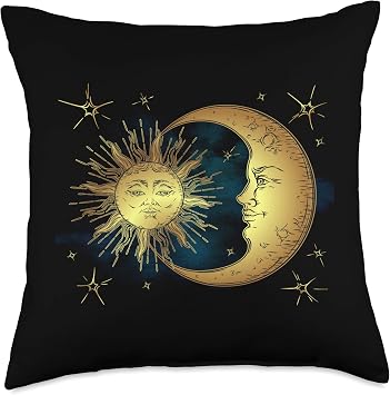 Sun Moon and Stars Esoteric Boho Vintage Throw Pillow