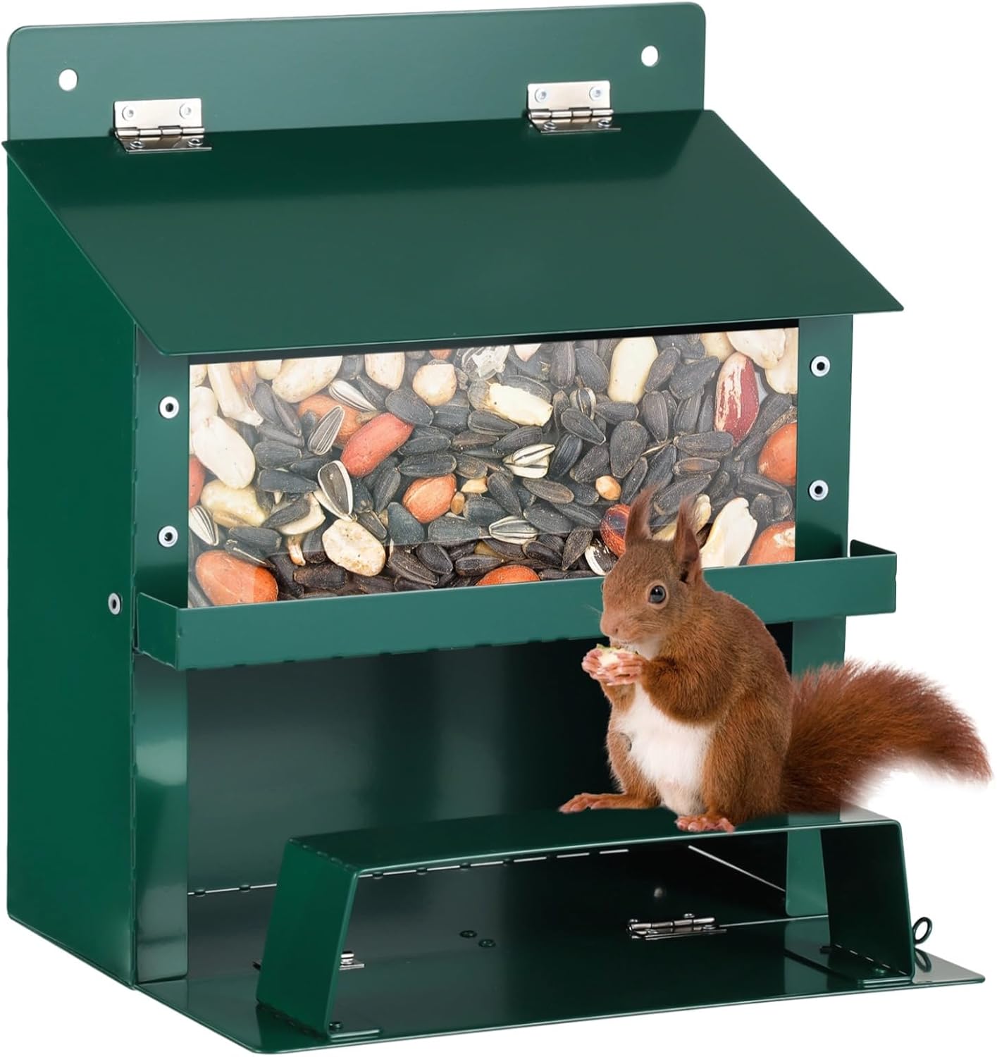 Generic Viewing Transparent Window Squirrel Feeder, Simple Installation for Wildlife Fans, Outdoor Metal Squirrel Picnic Table with Waterproof Roof, Tray Removable for Sunflower Seeds and Nuts