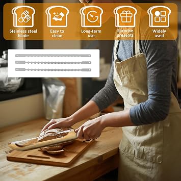 Bread Slicer, Bow Bread Knife with 3 Replacement Stainless Steel Serrated Blades, 42.5x7 cm Wooden Breads Bow Cutter with Wood Handle for Sourdough, Bagels, Baguettes